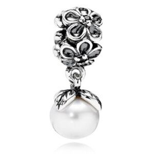 Pandora Forever Bloom Dangle White Pearl Sterling Silver W/ Black Zirconia Gems